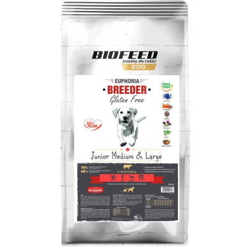 BIOFEED Euphoria Breeder Junior Medium & Large  z Wołowiną 15kg + gratis