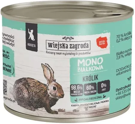 Wiejska Zagroda Karma mokra dla kota Monoproteinowa Królik (kociak) 200g