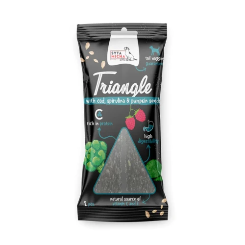 SYTA MICHA Trójkąt do żucia dla psa - dorsz z jeleniem i spiruliną 2 szt