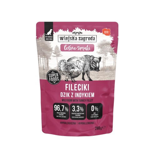 WIEJSKA ZAGRODA Karma mokra dla psa Fileciki Dzik z indykiem Leśne smaki (dorosły) 280g